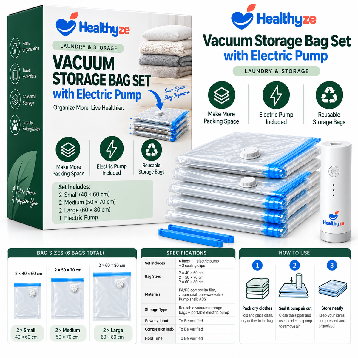 Healthyze Vacuum Storage Bag Set with Electric Pump