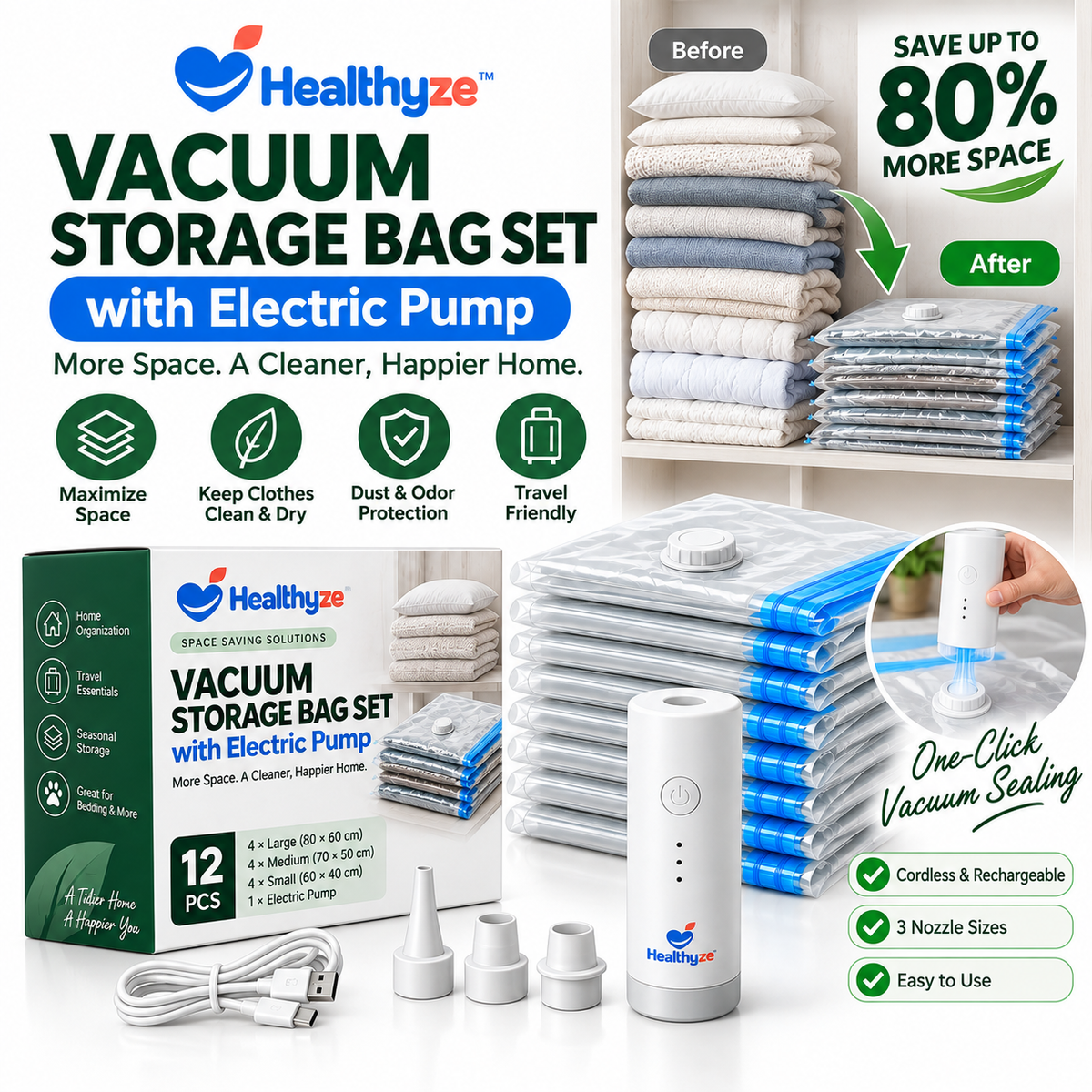 Healthyze Vacuum Storage Bag Set with Electric Pump