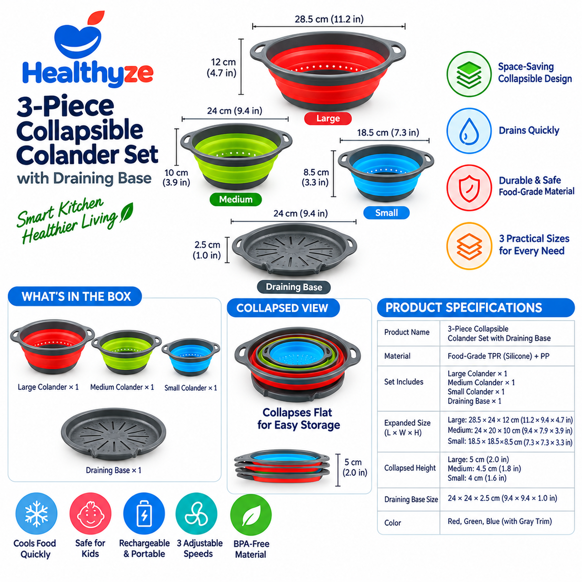 Healthyze 3-Piece Collapsible Colander Set with Draining Base