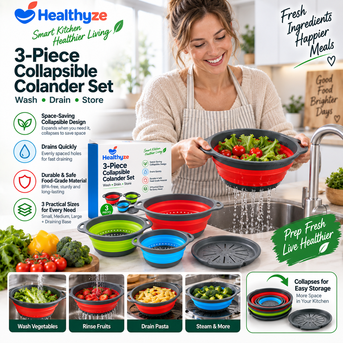 Healthyze 3-Piece Collapsible Colander Set with Draining Base