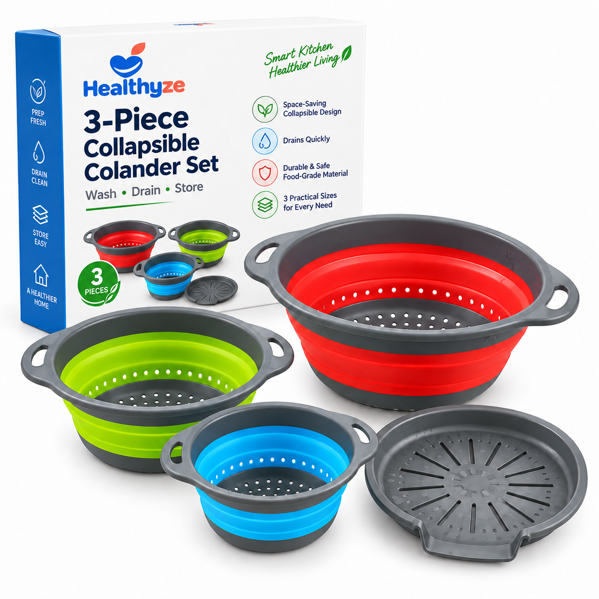 Healthyze 3-Piece Collapsible Colander Set with Draining Base